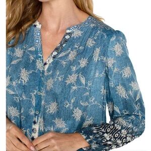 Liverpool Los Angeles printed Floral shirred Blue boho blouse. Peasant size L